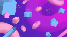 a purple background with various geometric shapes floating around