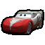 a red and white toy car from the movie cars is a cartoon character .