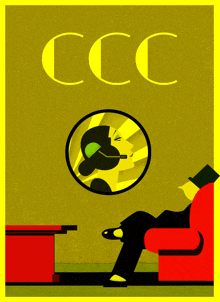 a poster for ccc with a woman smoking a cigarette and a man reading a book