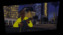 a man in a yellow jacket holding a gun in front of a city