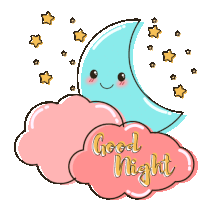 a cartoon illustration of a crescent moon sitting on a cloud with the words good night written on it