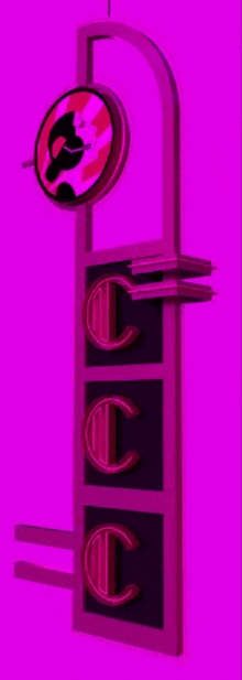 a purple sign with a red circle and letters on it is on a purple background .