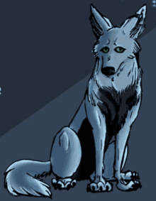 a drawing of a wolf with green eyes and a sad look on its face