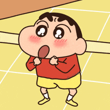 a cartoon character with a red shirt and yellow shorts has a surprised look on his face