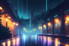 a painting of a city street at night with a sign that says ' a '