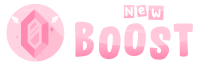 a pink logo that says " new boost " on a white background