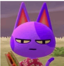 a purple cat from animal crossing new horizons is holding a hot dog .