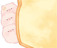 three pink pigs peeking out of a piece of bread