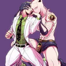 a man in a suit and tie is kissing a woman in a white cat costume .