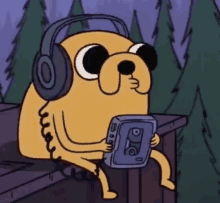 a cartoon character wearing headphones and holding a cassette tape player