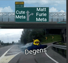 a road sign that says left exit 12 cute meta matt furie meta and degens