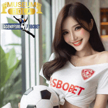 a woman holding a soccer ball in front of a museum bola logo