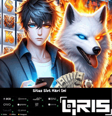 an advertisement for situs slot hari ini with a man holding a phone and a wolf