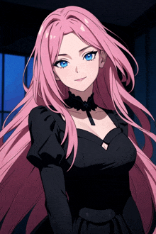 a girl with long pink hair is wearing a black dress