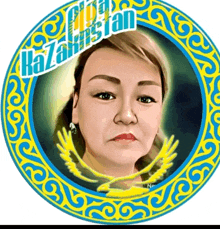 a portrait of a woman in a blue and yellow circle with the word kazakhstan on it