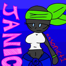 a drawing of a girl with a green headband that says janic on it