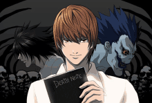 a man is holding a book that says death note on it