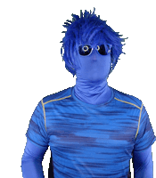 a person wearing a blue shirt and a blue wig and sunglasses