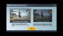 a screenshot of a game that says select a resource to download on it