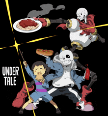 a poster for undertale shows a skeleton holding a plate of food