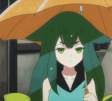 a girl with green hair is holding an umbrella over her head