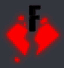 a black letter f is surrounded by red squares on a gray background .