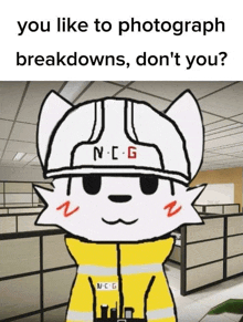 a cartoon cat wearing a hard hat with the letter n.c.g on it