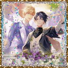 a picture of two anime characters with purple flowers and confetti surrounding them