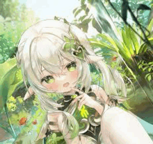 a little girl with white hair and green eyes is sitting in a forest .