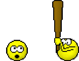 a pixel art of a yellow smiley face holding a bat