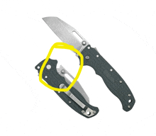 a knife with a black handle and a yellow circle around the handle