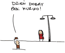 a cartoon of a man and a woman with the words dzien dobry pani kurwo written on the bottom