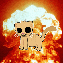 a drawing of a cat standing in front of a large explosion