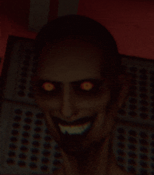 a man with glowing red eyes and a smile on his face