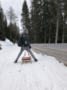 a young boy is pulling a sled down a snowy path