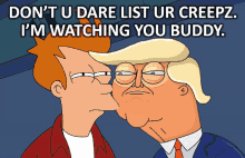 a cartoon of trump kissing futurama 's fry