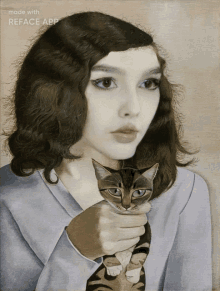 a painting of a woman holding a cat with the words made with reface app on the bottom