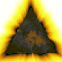 a black triangle with yellow flames surrounding it