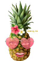 a pineapple wearing pink heart shaped sunglasses and a flower on top