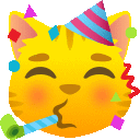 a yellow cat wearing a party hat and blowing a party horn .