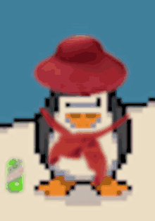 a pixel art of a penguin wearing a red hat