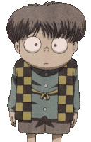 a cartoon character with big eyes and a plaid vest