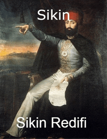 a painting of a man with a beard and a red hat with the words ' sinin redifi ' on it