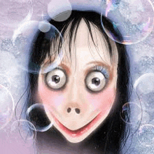 a cartoon of a creepy doll surrounded by bubbles .