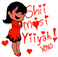 a girl in a red dress is standing next to the words " shit most yriyah "