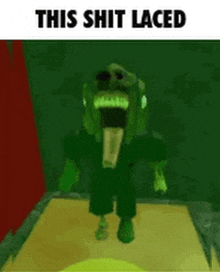 a green monster is standing in a dark room with its mouth open and tongue out .