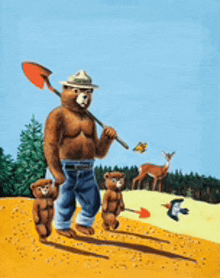 a painting of a bear holding a shovel and two bears