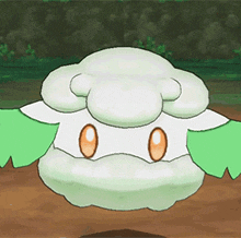 a cartoon drawing of a white sheep with green wings and eyes