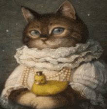 a painting of a cat wearing a white dress and holding a yellow rubber duck .