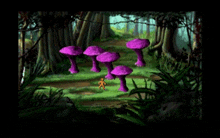 a video game scene with purple mushrooms on the ground